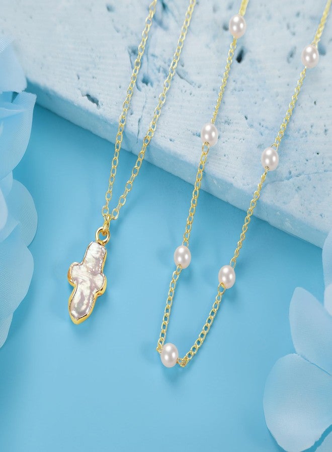 PEALICIOUS Pearl Cross Necklace for Women Freshwater Pearl Cross Pendant 14K Gold Plated Necklace Dainty Gold Choker Trendy Baroque Jewelry Set as Birthday Gifts for Teens Wedding Jewelry - Image 4